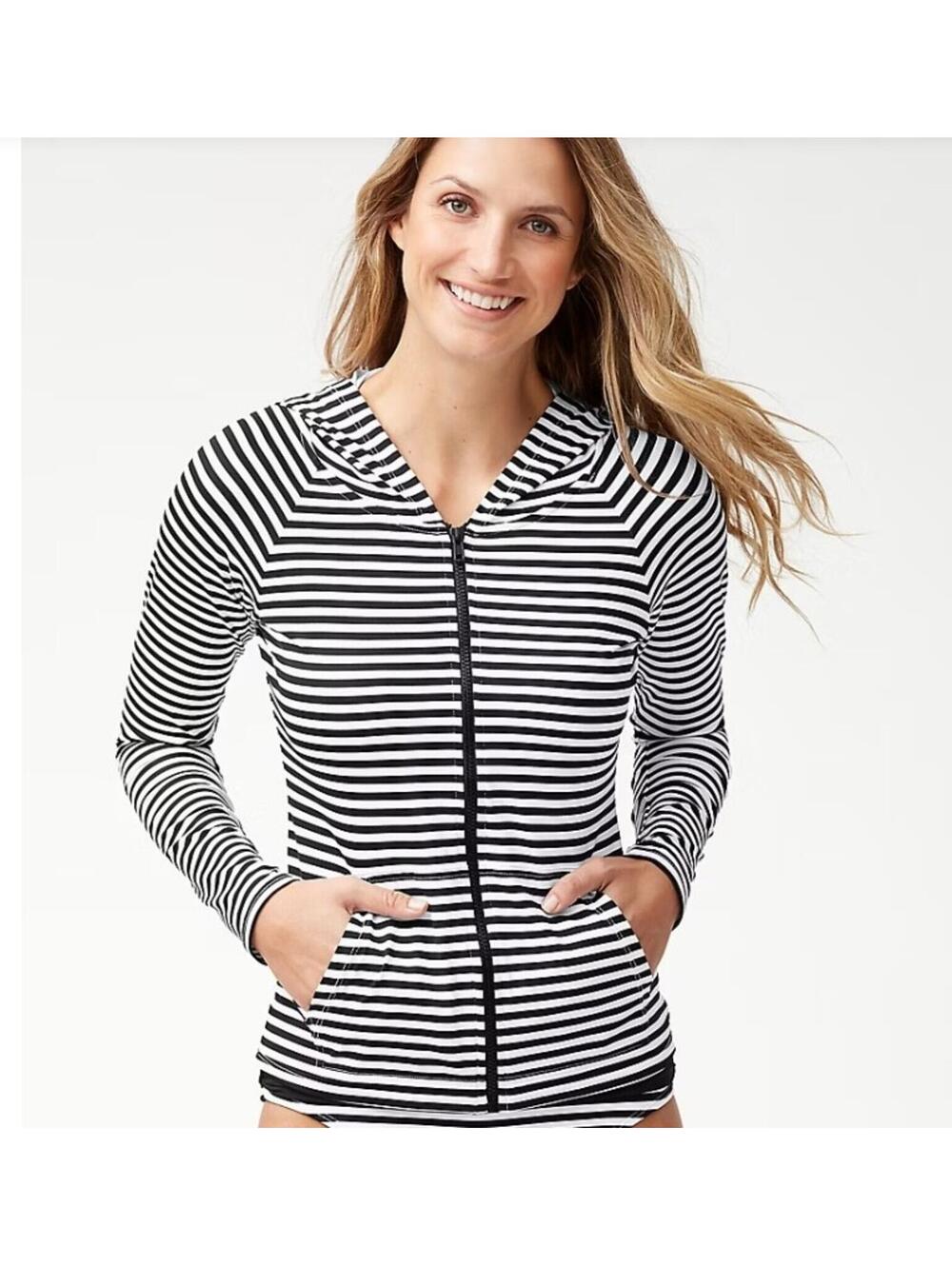 TOMMY BAHAMA Little Stripe L/S Hooded Rash Guard Full Zip Jacket Women XL
